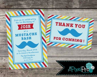 Mustache Bash birthday party invitation red orange green yellow and blue colors, birthday invitation with FREE thank you card, THEPIXELPRO