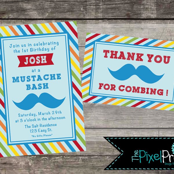 Mustache Bash birthday party invitation red orange green yellow and blue colors, birthday invitation with FREE thank you card, THEPIXELPRO