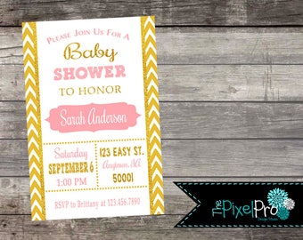 May include: A pink and gold baby shower invitation with a chevron pattern border. The invitation says "Please join us for a Baby Shower to honor Sarah Anderson" and includes the date, time, and location of the event. RSVP information is also included.
