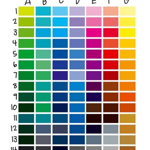 May include: Color swatches chart with 14 rows and 7 columns. Each square is a different color. The colors are arranged in a rainbow pattern, starting with yellow and ending with brown. The chart is labeled with the letters A through G at the top and the numbers 1 through 14 on the left side. The text "Pixel Pro" is in the top right corner.