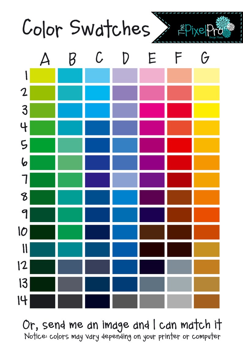 May include: Color swatches chart with 14 rows and 7 columns. Each square is a different color. The colors are arranged in a rainbow pattern, starting with yellow and ending with brown. The chart is labeled with the letters A through G at the top and the numbers 1 through 14 on the left side. The text "Pixel Pro" is in the top right corner.