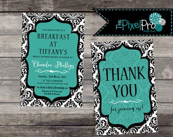 Breakfast at Tiffany's Bridal Shower Invitation, Teal Damask (Digital File)