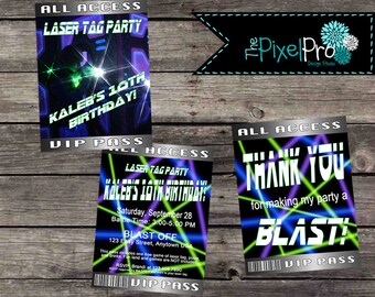 May include: Three laser tag party invitations with a black and silver background. The top invitation features a blue and green laser tag scene with the text "ALL ACCESS LASER TAG PARTY" and "KALEB'S 10TH BIRTHDAY!" The middle invitation features a purple and green laser tag scene with the text "ALL ACCESS LASER TAG PARTY" and "KALEB'S 10TH BIRTHDAY!" The bottom invitation features a purple and green laser tag scene with the text "ALL ACCESS THANK YOU for making my party a BLAST!"