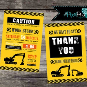 Construction birthday invitation with excavator and caution sign in yellow and black, construction birthday party, construction excavation