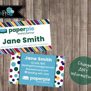 May include: Two business cards with the "paperpie" brand partner logo. One card has a white background with colorful stripes and the name "Jane Smith." The other card has a blue background with colorful polka dots and contact information.