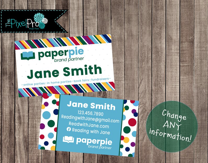 May include: Two business cards with the "paperpie" brand partner logo. One card has a white background with colorful stripes and the name "Jane Smith." The other card has a blue background with colorful polka dots and contact information.