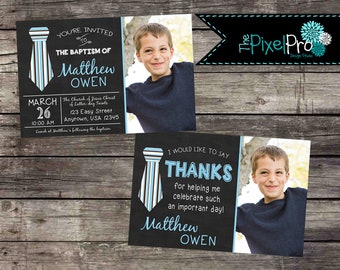 May include: A black and white invitation with a blue and white striped tie design. The invitation is for a baptism for Matthew Owen. The invitation includes the date, time, and location of the event. The invitation also includes a photo of a young boy.