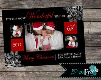 Christmas card with snowflakes, It's the Most Wonderful Time of the Year Christmas Card, Holiday card, monogrammed Christmas card, Christmas