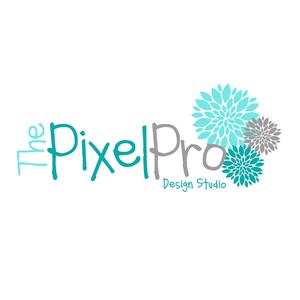 May include: The Pixel Pro Design Studio logo features the text "The Pixel Pro" in a teal blue color with a gray "Pro". The logo is accompanied by three stylized teal blue and gray flowers.