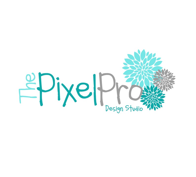 May include: The Pixel Pro Design Studio logo features the text "The Pixel Pro" in a teal blue color with a gray "Pro". The logo is accompanied by three stylized teal blue and gray flowers.