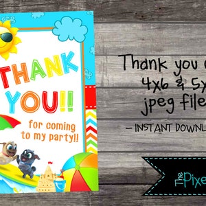 May include: Thank you card with a colorful sun wearing sunglasses, two cartoon dogs on a surfboard, and a beach ball. The text says "Thank You!! for coming to my party!!". The card is available in 4x6 and 5x7 inch jpeg files.