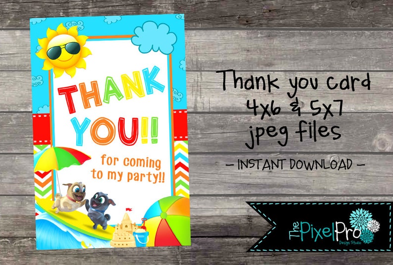 May include: Thank you card with a colorful sun wearing sunglasses, two cartoon dogs on a surfboard, and a beach ball. The text says "Thank You!! for coming to my party!!". The card is available in 4x6 and 5x7 inch jpeg files.