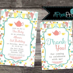 Tea Party Birthday Invitation with pink yellow and teal, tea party birthday party invite, girl birthday party, girl bday party announcements