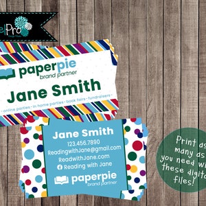 May include: Business cards with a colorful design. The cards feature the name "Jane Smith" and the "paperpie" brand logo. The cards have a white background with colorful stripes and polka dots. The text "Print as many as you need with these digital files!" is also visible.