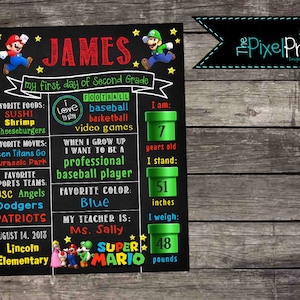 Super Mario First day of school sign, Super Mario back to school poster, Last day of school information poster, First day Super Mario sign