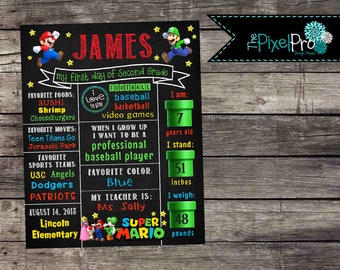 Cartaz para o primeiro dia de aula com o Super Mario, pôster imprimível em estilo lousa (arquivo digital)