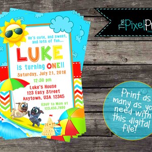May include: A colorful birthday invitation for a boy named Luke turning one. The invitation features a cartoon sun wearing sunglasses, a beach scene with a sandcastle, and two cartoon dogs. The text reads "He's cute, and sweet, and lots of fun... LUKE is turning ONE!! Saturday, July 21, 2018 12:30 pm Luke's House 123 Easy Street Anytown, USA 12345 RSVP to Mom at 123.456.7890"