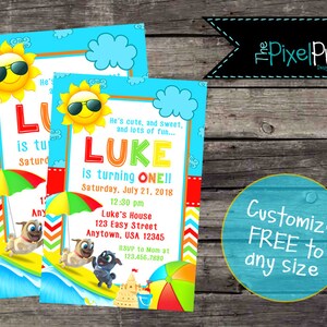 May include: A colorful invitation for a first birthday party with a sun, a beach scene, and two cartoon dogs. The invitation says "Luke is turning one!" and includes the date, time, and location of the party.