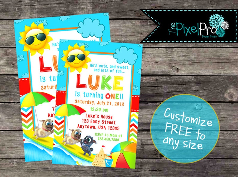 May include: A colorful invitation for a first birthday party with a sun, a beach scene, and two cartoon dogs. The invitation says "Luke is turning one!" and includes the date, time, and location of the party.