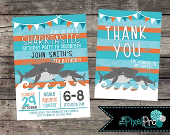 May include: A blue and orange birthday party invitation with a shark illustration. The invitation says "Join us for a Sharktastic Birthday Party to celebrate John Smith's 7th Birthday!"  The party is on Sunday, October 29th from 6-8 pm at the Eagle Aquatic Center.  The invitation also says "Please bring your swimsuits and towels. RSVP to Mom at 123.456.7890."