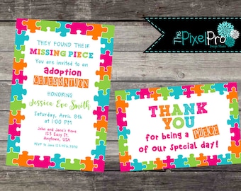 May include: Two colorful puzzle piece themed cards. The first card is an invitation to an adoption celebration honoring Jessica Eve Smith. The second card says "Thank You for being a piece of our special day!"