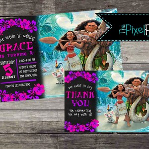 Convite para festa de aniversário da Moana, convite para festa de aniversário da menina Moana, convite para festa de aniversário com anúncio de aniversário da Moana, Maui e Moana