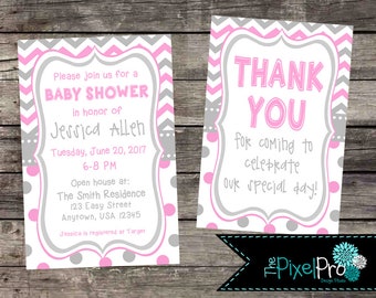 Pink and Gray Baby Shower Invitation, Girl Shower Invite (Digital File)