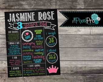 Birthday poster for girl, birthday stats sign, princess milestone printable, all about me chalkboard image, little girl stats home decor