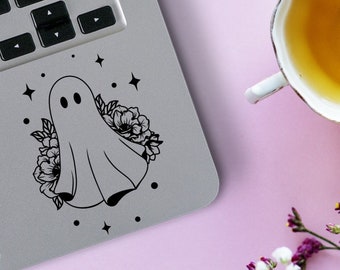 Cute Ghost Surrounded by Flowers and Stars Spooky Bumper Sticker~ You Choose Color & Size ~ Vinyl Decals for Car, Laptops, Notebook + More!