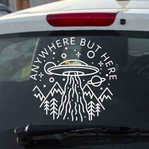 UFO Over Mountains Bumper Sticker ~ You Choose Color & Size ~ Vinyl Decals for Car, Truck, Tumbler, Bottle, Laptops, Notebooks + More!