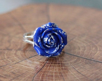 Navy Blue Ring Rose jewelry Handmade jewelry for women  jewelry Womens gift Cocktail ring Blue flower Rose ring gift for women Rose ring