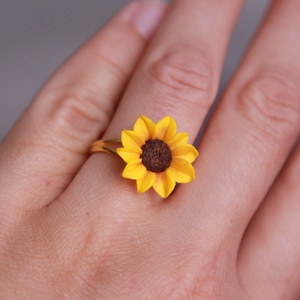 Sunflower ring women - Yellow flower gold plated ring -Flower ring polymer clay