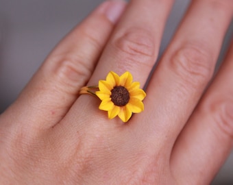 Sunflower ring women - Yellow flower gold plated ring -Flower ring polymer clay