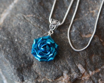 Blue rose necklace pearl, Clay flower pendant necklace, Floral jewelry women, Large rose necklace