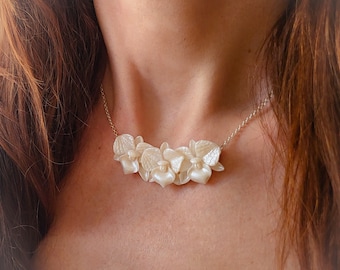 White orchid necklace wedding Polymer clay flower jewelry Ivory bridal necklaces Clay floral necklace sterling silver chain