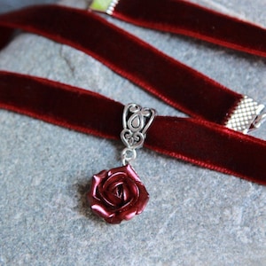 Burgundy velvet choker - Ribbon choker maroon necklace pendant - Polymer clay flower necklace- Dark red pearl jewelry women