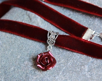 Burgundy velvet choker - Ribbon choker maroon necklace pendant - Polymer clay flower necklace- Dark red pearl jewelry women