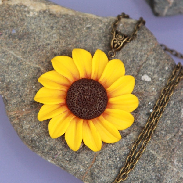 Sunflower necklace large,  Yellow flower necklace pendant, Polymer clay sunflower pendant, Big flower necklace