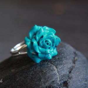 Adjustable Sterling Silver Rose Ring: Turquoise Polymer Clay Flower