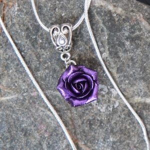 Violet flower necklace, Purple rose pendant, Clay flower necklace, Silver snake chain necklace, Purple pearl pendant