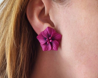 Large flower stud earrings, Oversized Statement Earrings, Big floral earrings post, Purple Magenta Dark pink Summer jewelry