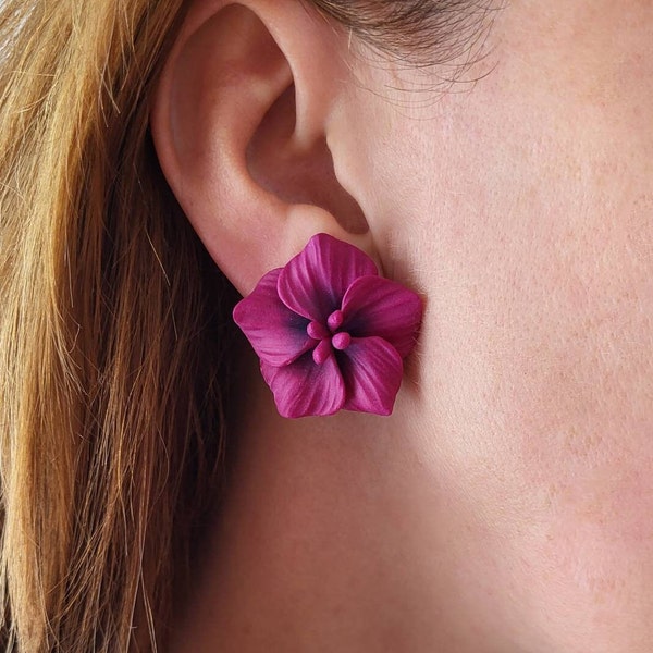 Large flower stud earrings, Oversized Statement Earrings, Big floral earrings post, Purple Magenta Dark pink Summer jewelry