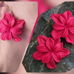 Extra Large flower stud earrings, Oversized Statement Earrings, Big floral earrings post, Hot pink red  Beach Summer jewelry