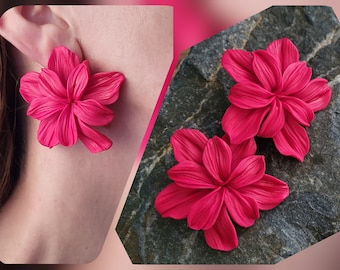 Extra Large flower stud earrings, Oversized Statement Earrings, Big floral earrings post, Hot pink red  Beach Summer jewelry