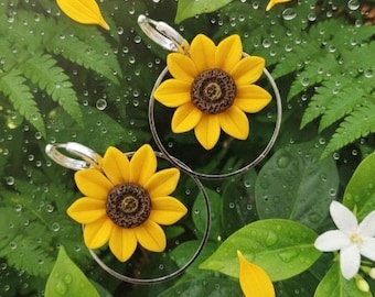 Handmade Polymer Clay Sunflower Earrings, Stainless Steel Hoops