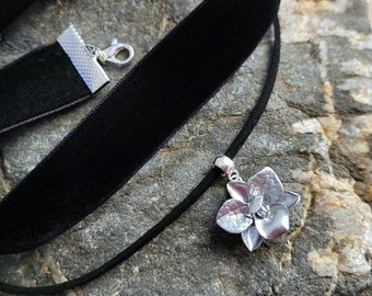 Orchid necklace, Wide Velvet choker pendant, Silver flower necklace, Charm necklaces Polymer clay floral jewelry