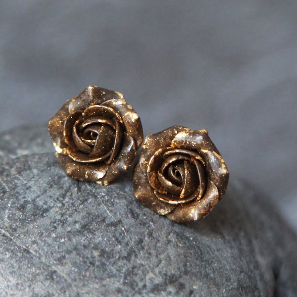 Bronze roses stud earrings Floral jewellery women Brown jewelry Polymer clay earrings Stud earrings flower Coffee color bijoux clay
