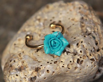 Turquoise flower ring, Small blue rose rings woman, Polymer clay floral jewelry