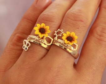 Zonnebloem ring zomer Charm ring bungelen bloem Zon ring vlinder Sterling zilveren ring verstelbare dames heren sieraden