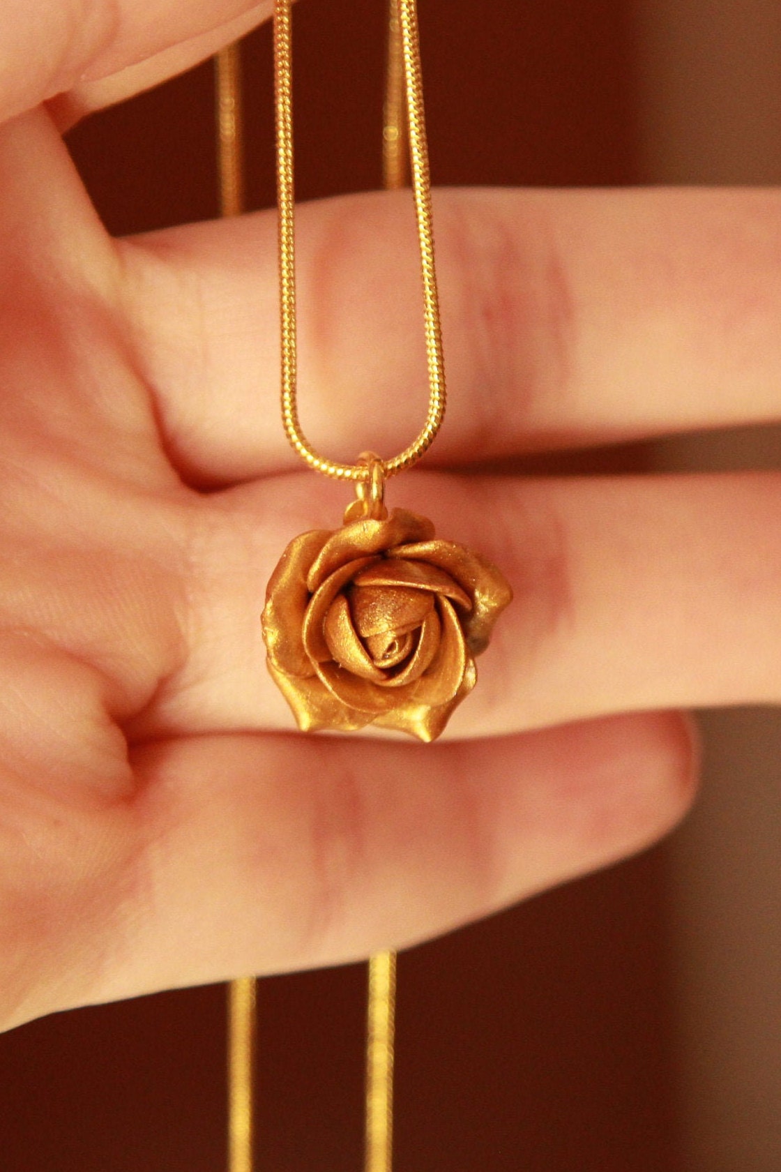 Gold rose pendant necklace Gold snake chain pendant Polymer | Etsy